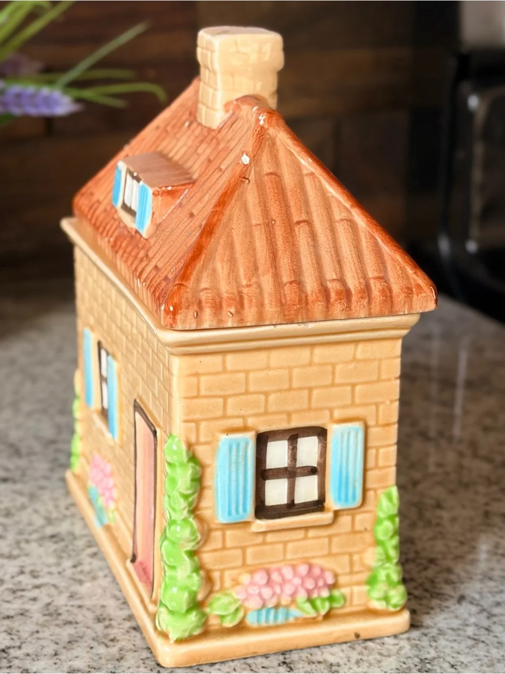 Vintage Ceramic Cottage Cookie Jar With Lid - Pastel Detail by Lefton China